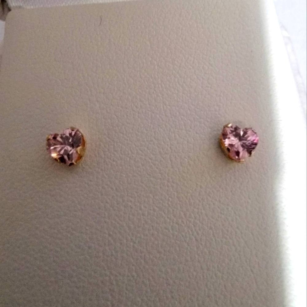 Real gold pink heart stud earrings